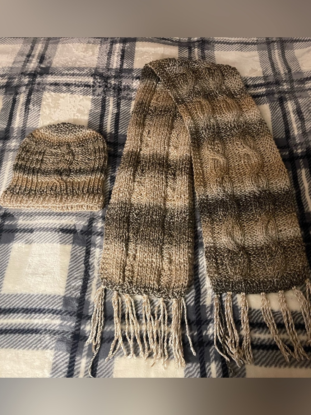Beige and Brown Knitted Cable Scarf and Hat Set